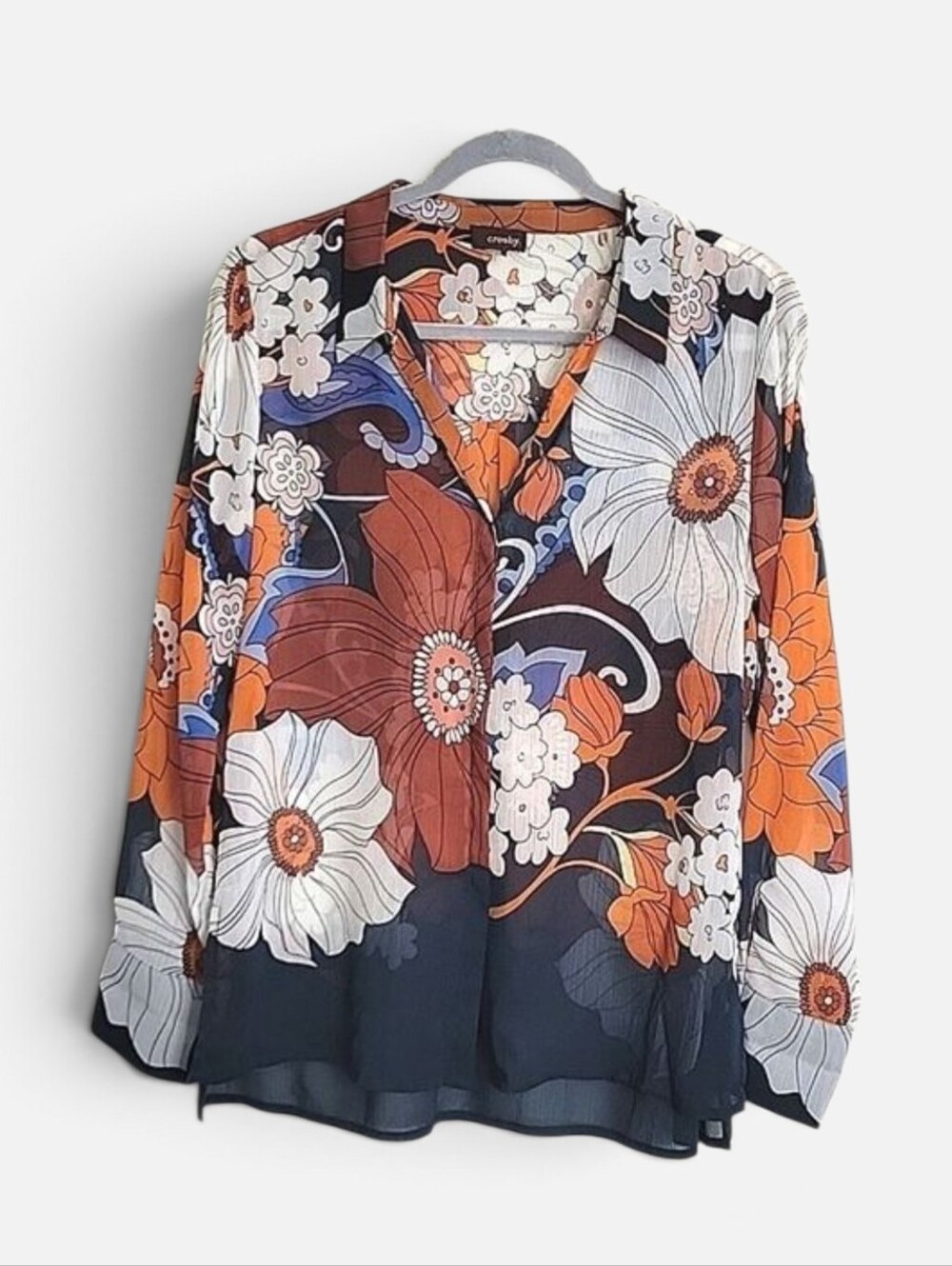 Crosby Sheer Floral Boho Work Office Professional Blouse Women's Long Sleeve L